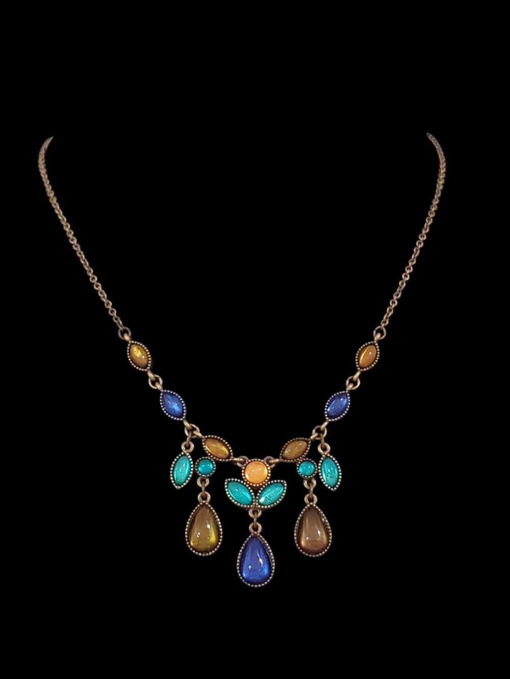 Vintage Estate Avon Signed SAQ Brass-Tone Bohemian Style Cabochon Bib Necklace